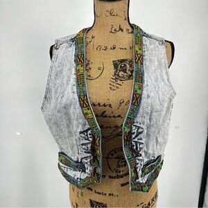 Don't Stop Denim Vest Womens M Blue Acid Wash Southwestern Boho Vtg 90s Artsy